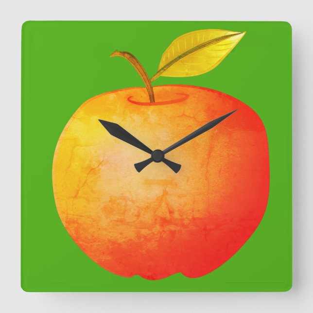 Apple Fruit Lebhaft Moderner Cartoon Rot und Grün Quadratische Wanduhr (Vorderseite)