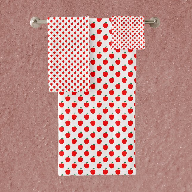 Apple Fruit Red Pattern Badhandtuch Set (Towels with a fun red apple pattern)