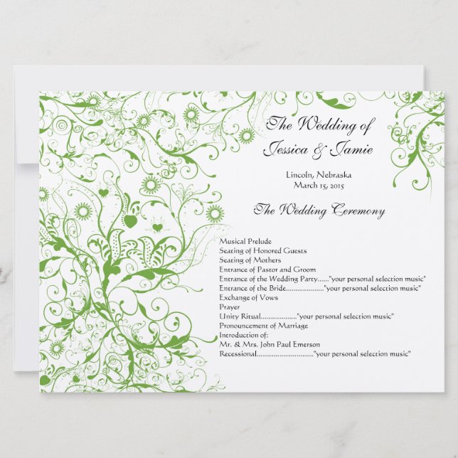 Apple Green Birds Swirl Order of Service Einladung (Vorderseite)