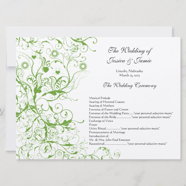 Apple Green Birds Swirl Wedding Order of Service Einladung (Vorderseite)