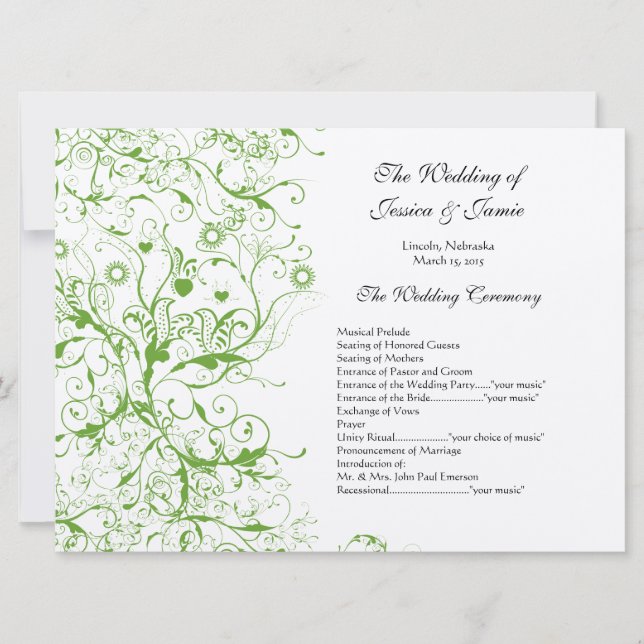 Apple Green Black Birds Swirl Order of Service Einladung (Vorderseite)