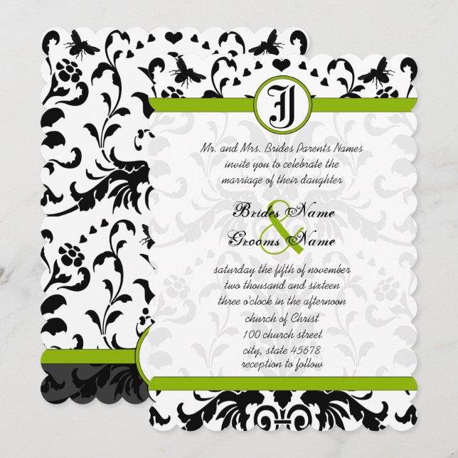 Apple Green Black Bubble Bee Damask Wedite Einladung (Vorne/Hinten)