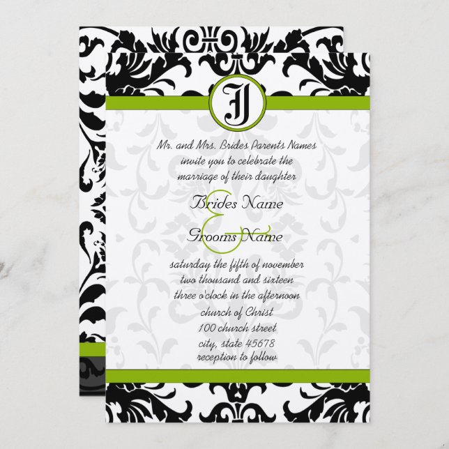 Apple Green & Black Damask Einladung (Vorne/Hinten)