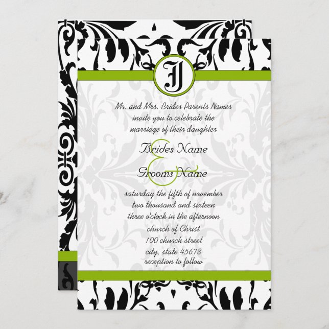Apple Green & Black Damask Einladung (Vorne/Hinten)