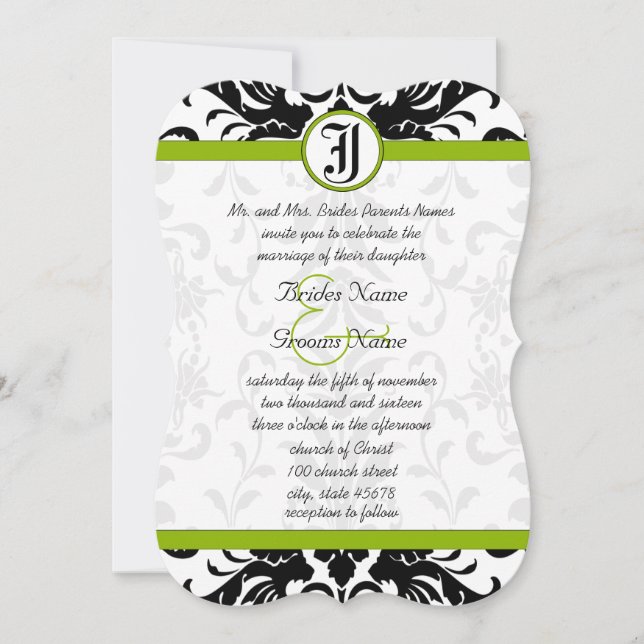 Apple Green & Black Damask Einladung (Vorderseite)