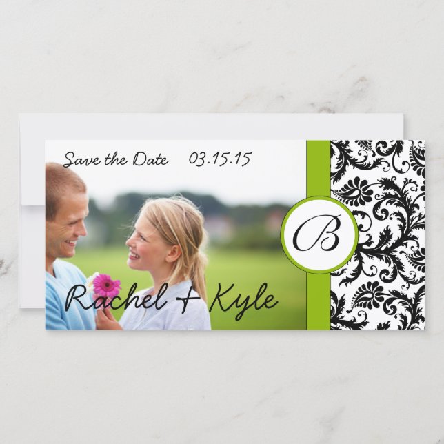 Apple Green Black Damask Save the Date Ihr Foto (Vorderseite)