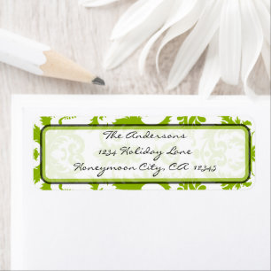 Apple Green & Black Damask Swirl-Adressetikett