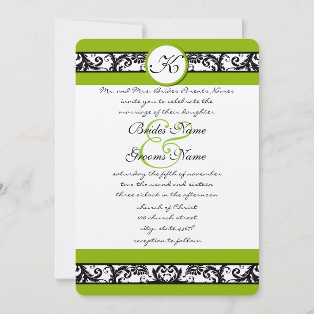 Apple Green Black Damask Wedding lädt Wide Band ei Einladung (Rückseite)
