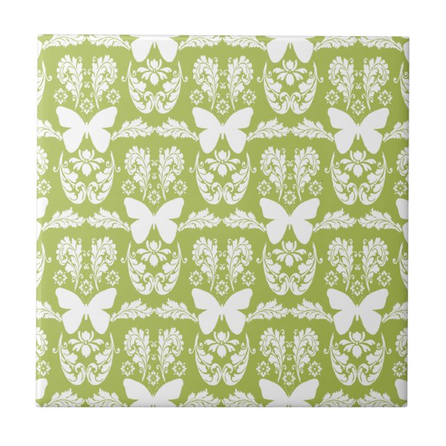 Apple Green Butterfly Damask Keramik Tile Trivet Fliese (Vorderseite)