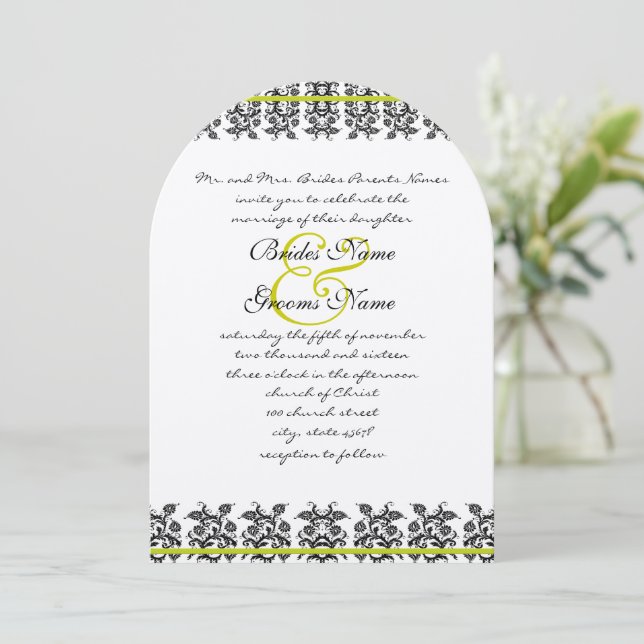 Apple Green Damask Borders Wedding Invitation Einladung (Stehend Vorderseite)
