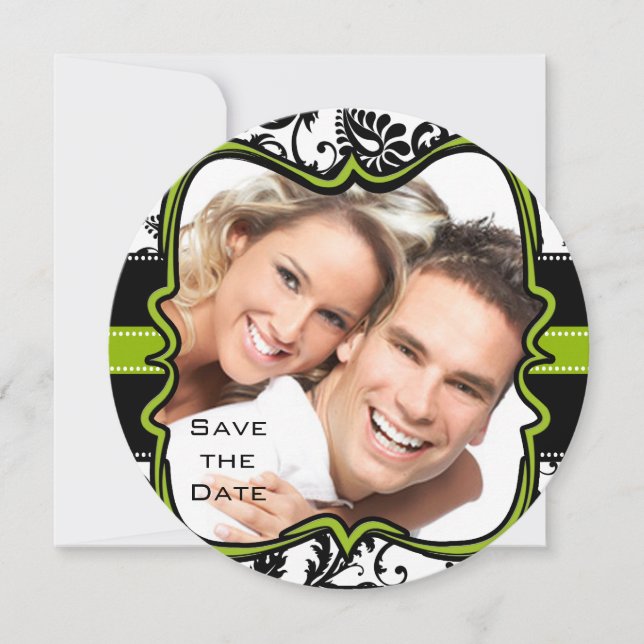 Apple Green Damask-Wirbel beim Hochzeitstich speic Save The Date (Vorderseite)