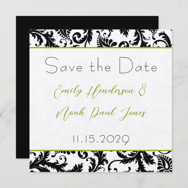 Apple Green Damask-Wirbel beim Hochzeitstich speic Save The Date (Vorne/Hinten)