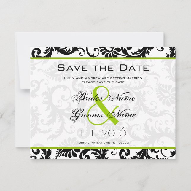 Apple Green Damask Wirbel Hochzeitsfeier Save The Date (Vorderseite)