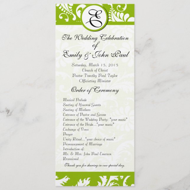 Apple Green Damask Wirbel Hochzeitsprogramm Programm (Vorderseite)