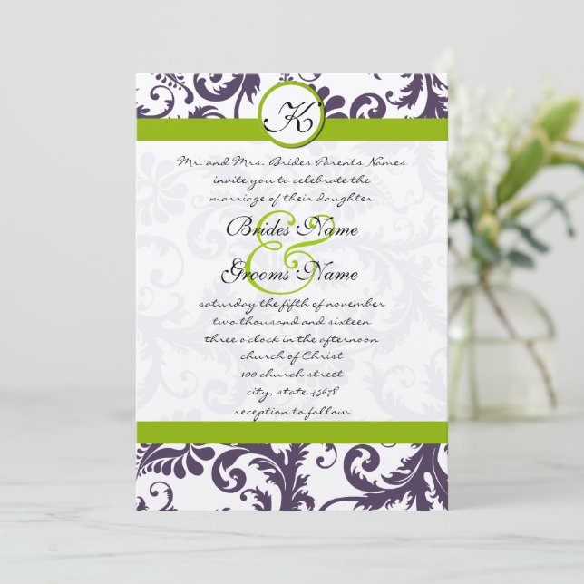 Apple Green Lapis Lila Damask Einladung (Stehend Vorderseite)