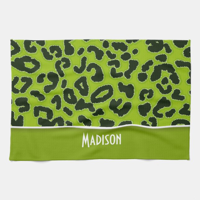 Apple Green Leopard Animal Print; Personalisiert Handtuch (Horizontal)