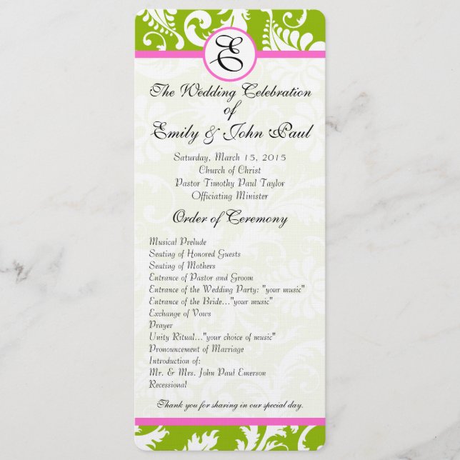 Apple Green & Pink Damask Wirbel Hochzeitsprogramm Programm (Vorderseite)