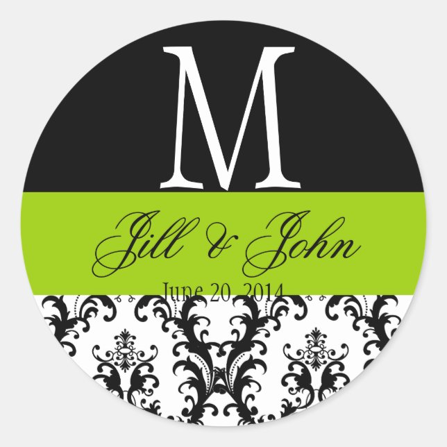 Apple Green Wedding Monogram Date Damask Sticker (Vorderseite)