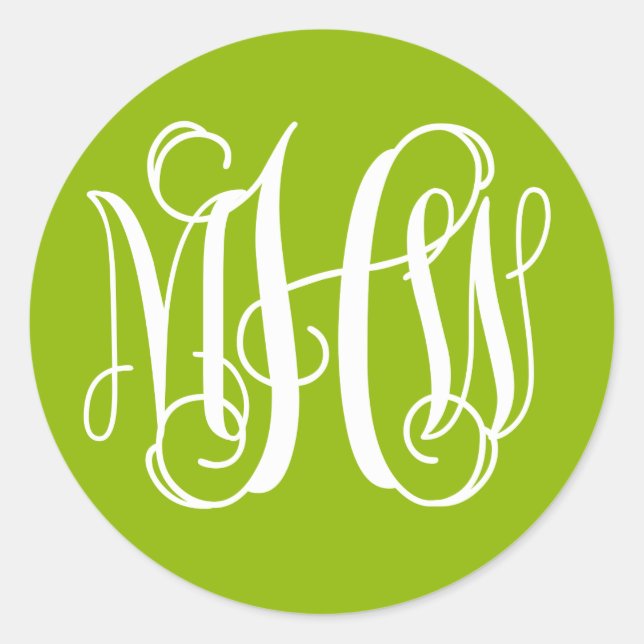 Apple Green White Vine Script Monogram DIY BG Runder Aufkleber (Vorderseite)