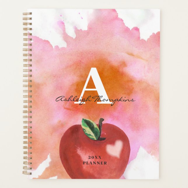 Apple Heart Monogram Name Red Pink Planer (Vorderseite)