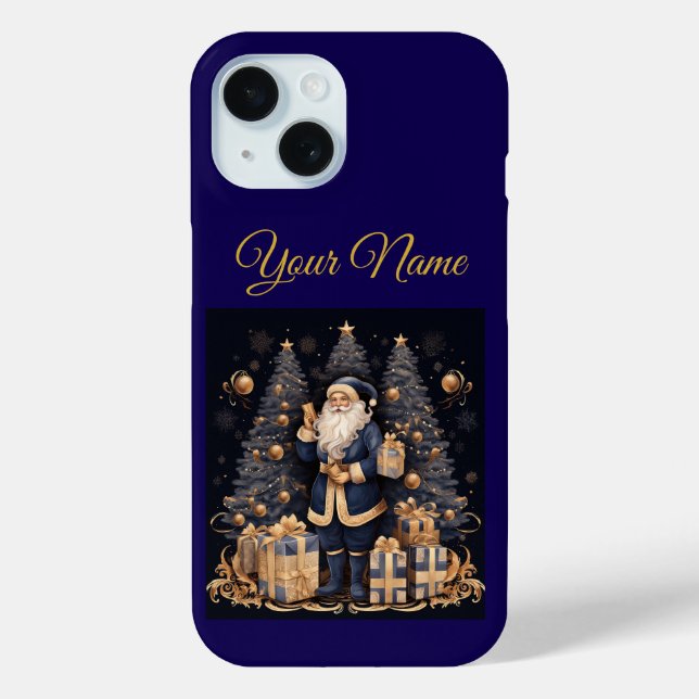 Apple iPhone Hülle 15-Navy Blau & Gold Xmas (Rückseite)