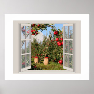 Apple Orchard durch ein offenes Fenster betrachtet Poster