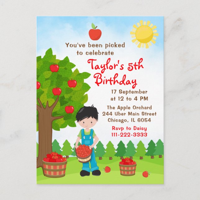 Apple Picking Birthday Black Hair Boy Postcard Postkarte (Vorderseite)