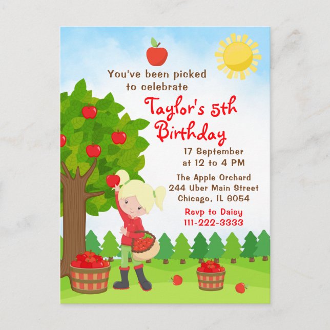 Apple Picking Birthday Blonde Hair Girl Postcard Postkarte (Vorderseite)