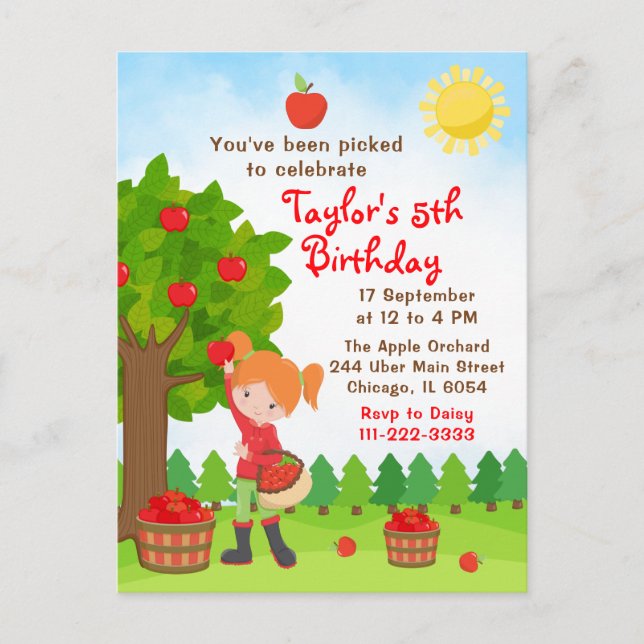 Apple Picking Birthday Red Hair Girl Postcard Postkarte (Vorderseite)