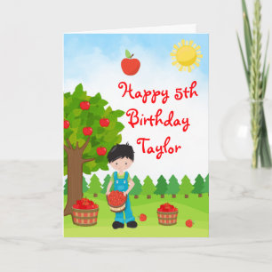 Apple Picking Black Hair Boy Happy Birthday Card Karte