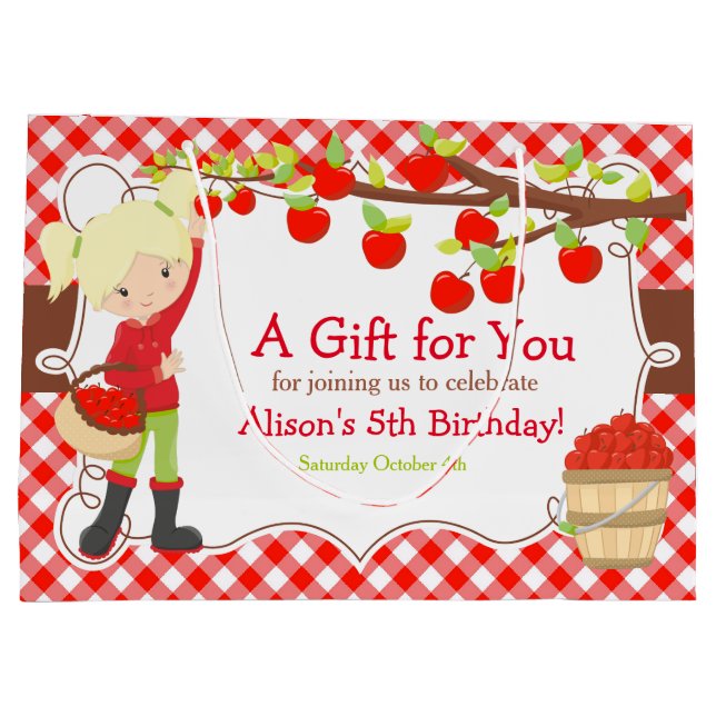 Apple Picking Blonde Girl Birthday Party Große Geschenktüte (Rückseite)