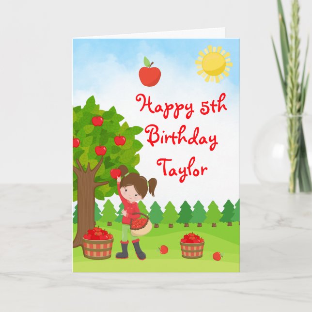 Apple Picking Brown Hair Girl Happy Birthday Card Karte (Vorderseite)