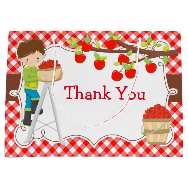 Apple picking Brünett Boy Birthday Party Große Geschenktüte (Vorderseite)