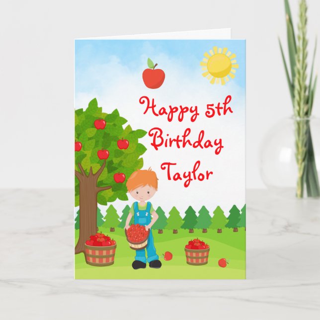 Apple Picking Red Hair Boy Happy Birthday Card Karte (Vorderseite)