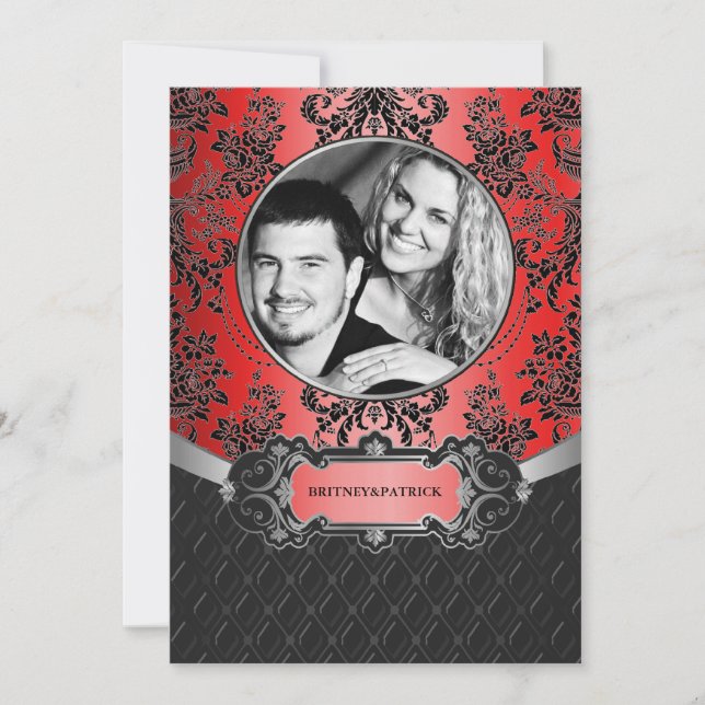 Apple Red & Black Damask Hochzeitsempfang Einladung (Vorderseite)