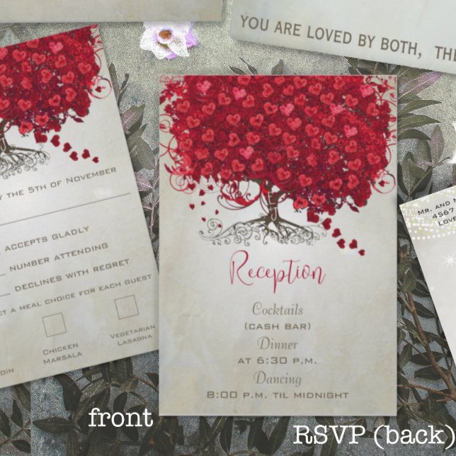 Apple Red Heart Leaf Black Tree Wedding RSVP Karte (Von Creator hochgeladen)