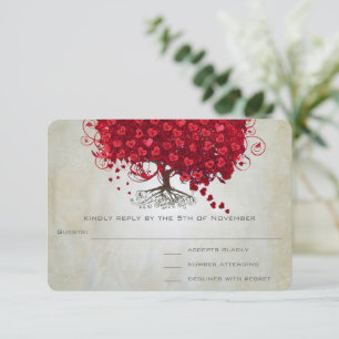 Apple Red Heart Leaf Wedding RSVP Karte