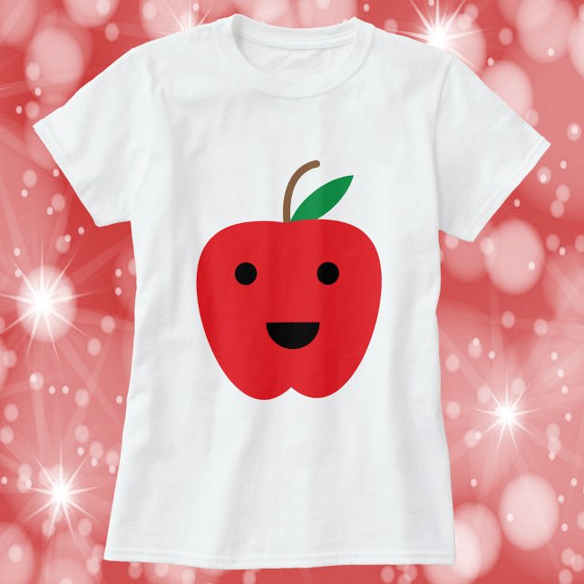 Apple Red Niedlich Kawaii Face T-Shirt (A shirt with a cute kawaii red apple)
