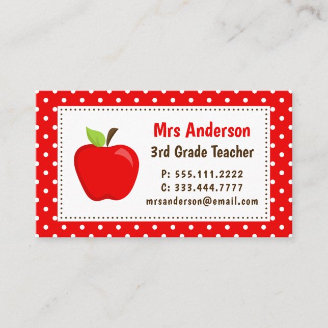 Apple Red Polka Dots Business Card Lehrerin Visitenkarte (Vorderseite)