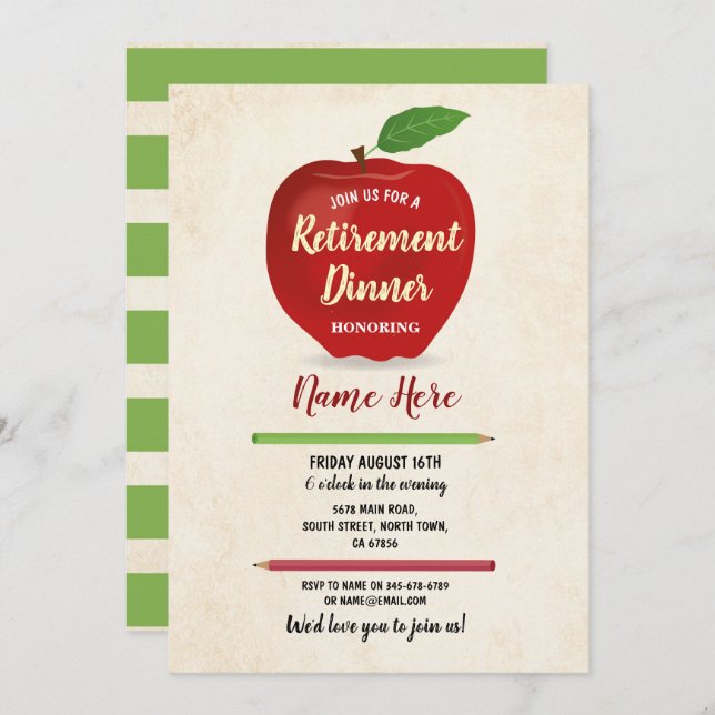 Apple-Ruhestands-Party-rote Lehrer-Creme rustikal Einladung (Vorne/Hinten)