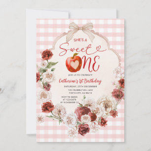 Apple Sweet One Birthday Pink Gingham Fall Floral Einladung