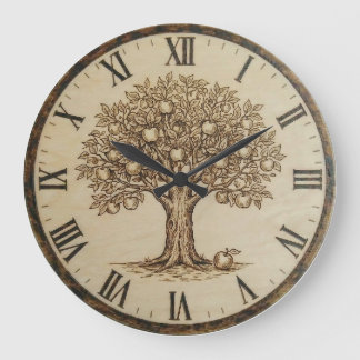 Apple Tree Wall Clock – Wood-Burned Style Große Wanduhr