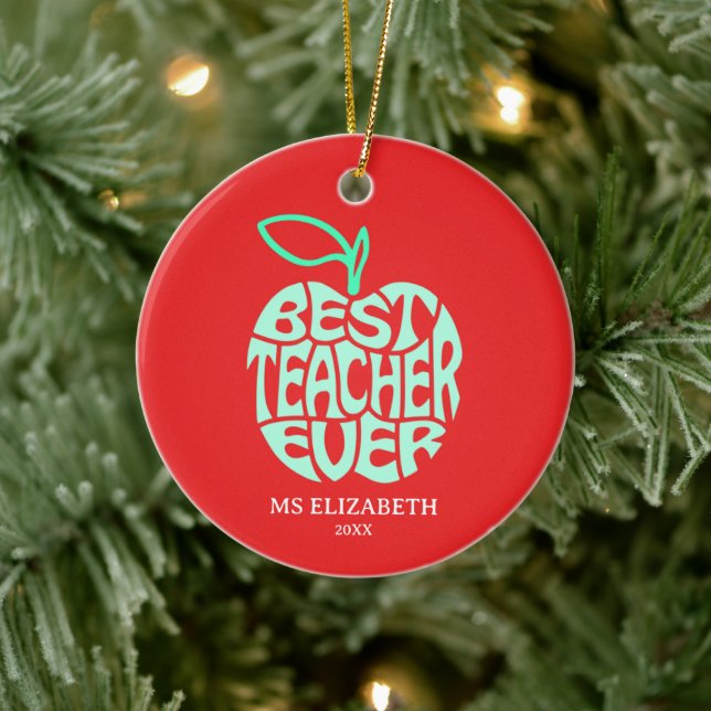 Apple Typografie Weihnachts Beste Lehrerin je Keramik Ornament (Baum)