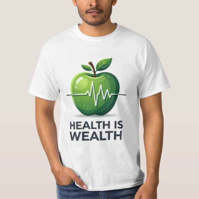 Apple with Heartbeat Pulse and Health is Wealth T-Shirt (Vorderseite)