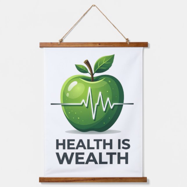 Apple with Heartbeat Pulse and Health is Wealth Wandteppich Mit Holzrahmen (Vorderseite)