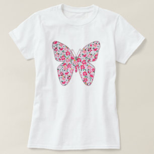 Appliquegewebe-Schmetterlings-Blumenrosa T-Shirt