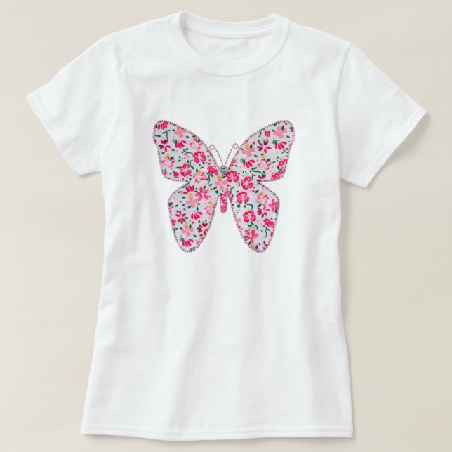 Appliquegewebe-Schmetterlings-Blumenrosa T-Shirt (Design vorne)