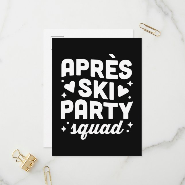 Apres-Ski-Party-Truppe schwarz und weiß Einladungspostkarte (Vorderseite/Rückseite Beispiel)
