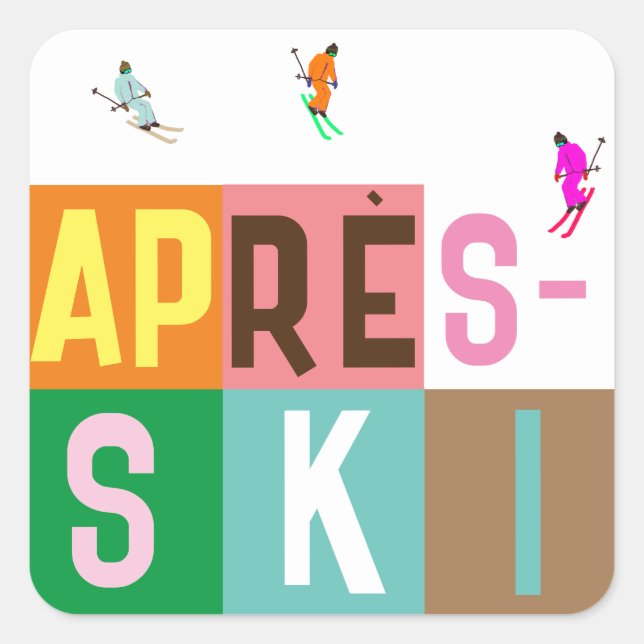 Après-ski Retro Skiers - Farbblock Quadratischer Aufkleber (Vorderseite)