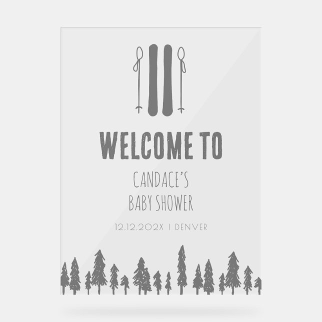 Apres Ski Winter Thema Silver Baby Dusche Willkomm Acrylschild (Vorderseite)